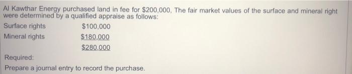 Al Kawthar Energy purchased land in fee for $200,000. The fair market values of the surface and mineralrightwere determined