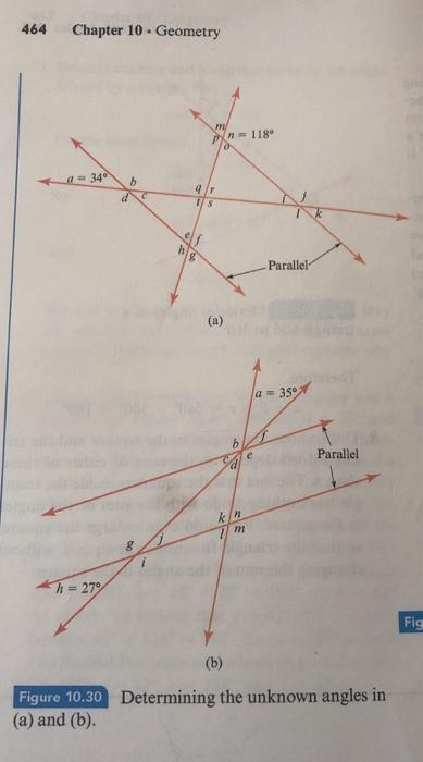 464 Chapter 10 Geometryn118Parallela 35°Parallelim270FiFigure 10.30 Determining the unknown angles in(a) and (b).