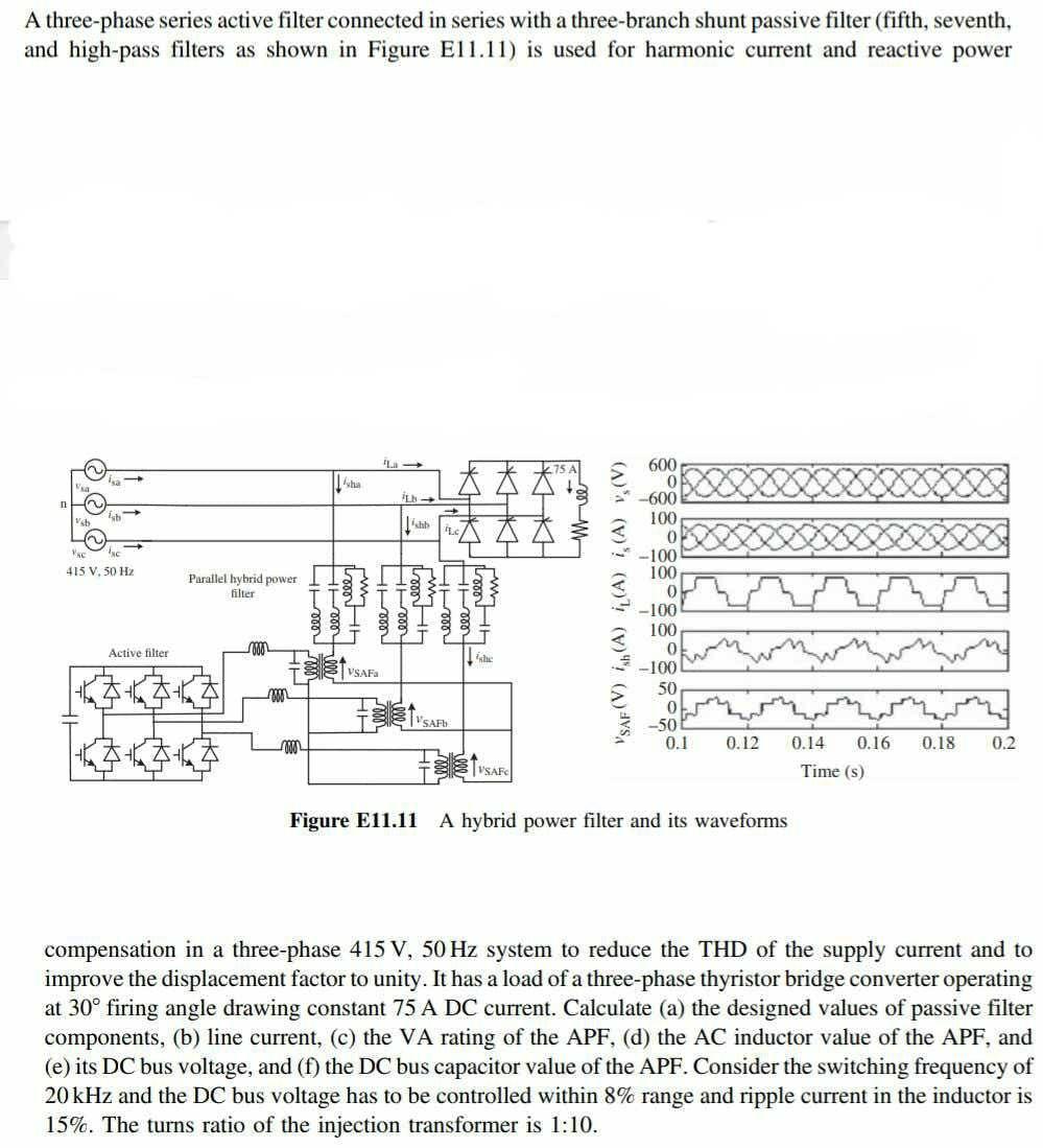 A three-phase series active filter connected in series with a three-branch shunt passive filter (fifth, seventh,and high-pas