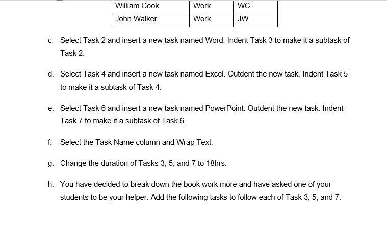 Work WC William Cook John Walker Work JW C. Select Task 2 and insert a new task named Word. Indent Task 3 to make it a subtas