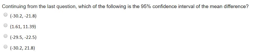 Continuing from the last question, which of the following is the 95% confidence interval of the mean difference? (-30.2, -21.