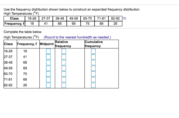 Use the frequency distribution shown below to construct an expanded frequency distribution.