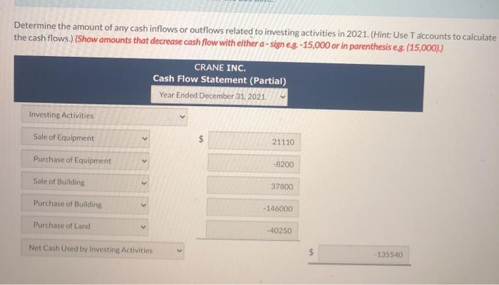 Determine the amount of any cash inflows or outflows related to investing activities in 2021. (Hint: Use Taccounts to calcula