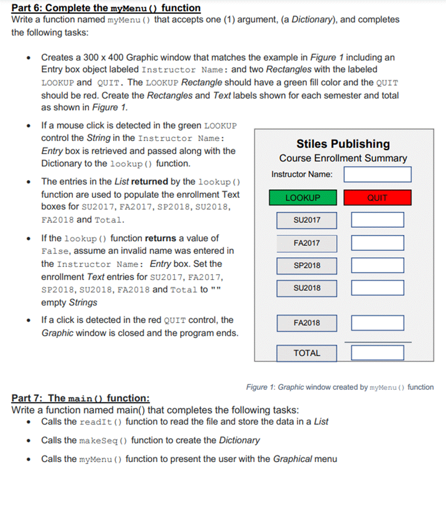 Part 6: Complete the myMenu() function Write a function named myMenu () that accepts one (1) argument, (a