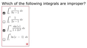 Which of the following integrals are improper? LA dr Lo 2x=1d dr sin (r) 1+22 In(x - 1) de J dr x