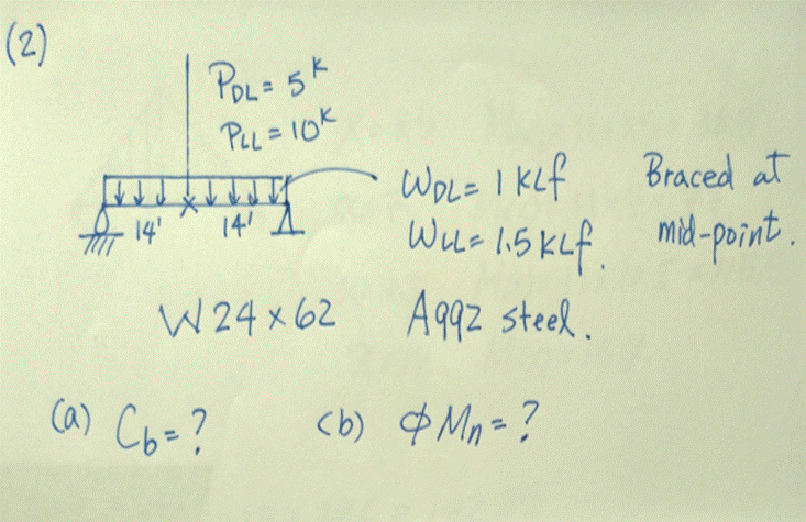 (2)POL=5kPLL = lokto 1414 2W 24x62WOL= 1 kLfBraced atWel=15 klf. mid-point.Aqqz steed.(a) C6=?(b) & Mn =?
