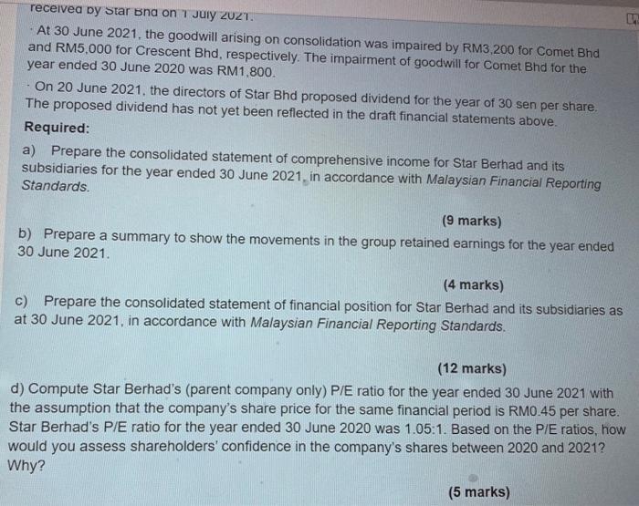received by Star Bnd on 1 July 2021.At 30 June 2021. the goodwill arising on consolidation was impaired by RM3,200 for Comet