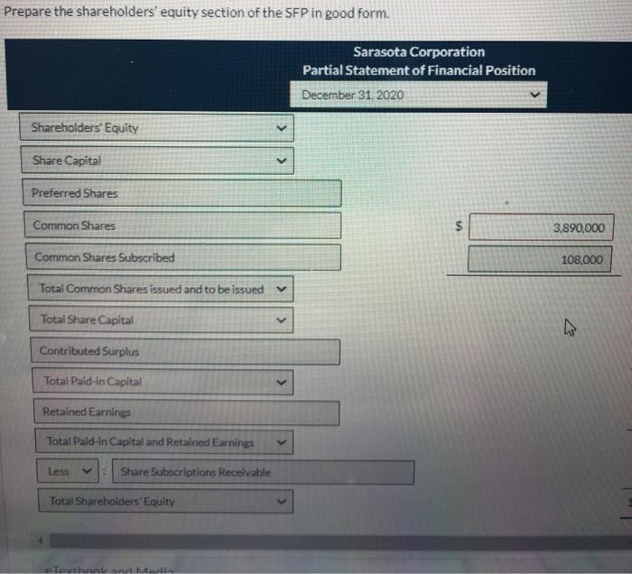 Prepare the shareholders equity section of the SFP in good form. Sarasota Corporation Partial Statement of Financial Positio