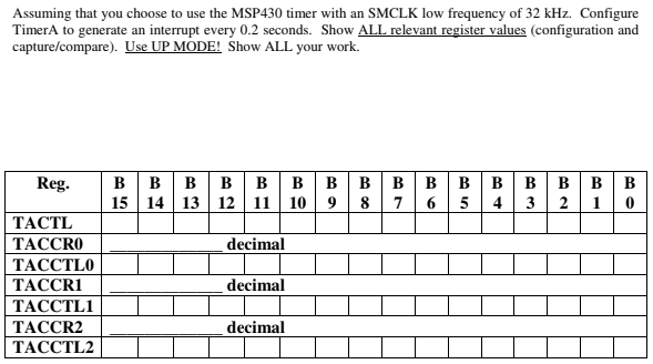 Assuming that you choose to use the MSP430 timer with an SMCLK low frequency of 32 kHz. ConfigureTimerA to generate an inter