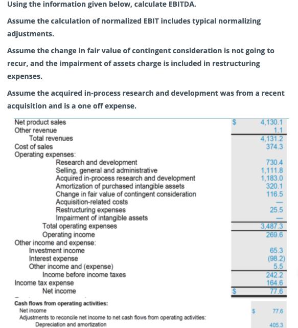 Using the information given below, calculate EBITDA. Assume the calculation of normalized EBIT includes typical normalizing a