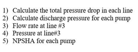 1) Calculate the total pressure drop in each line 2) Calculate discharge pressure for each pump 3) Flow rate