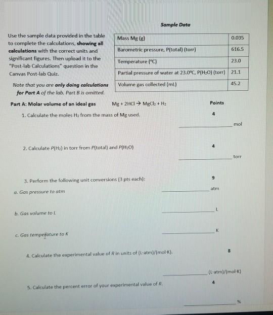 Use the sample data provided in the table to complete the calculations, showing all calculations with the