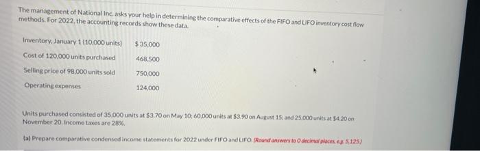 The management of National Inc. asks your help in determining the comparative effects of the FIFO and LIFO inventory cost flo