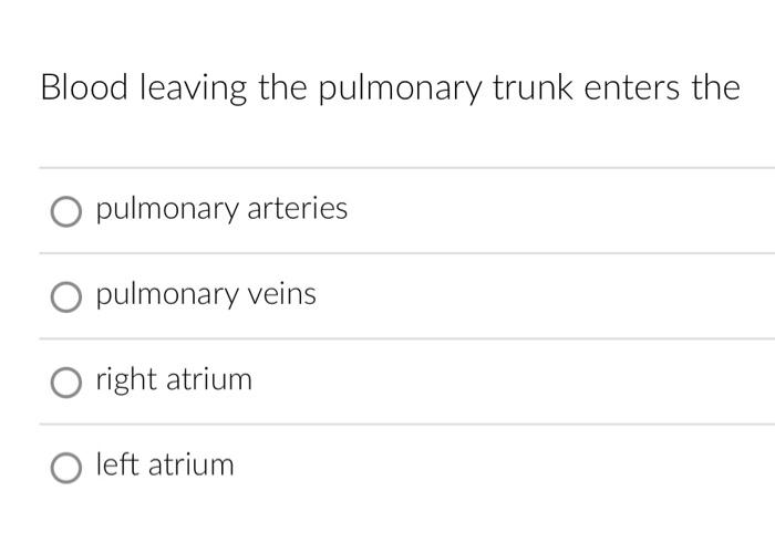 Blood leaving the pulmonary trunk enters the pulmonary arteries O pulmonary veins right atrium O left atrium