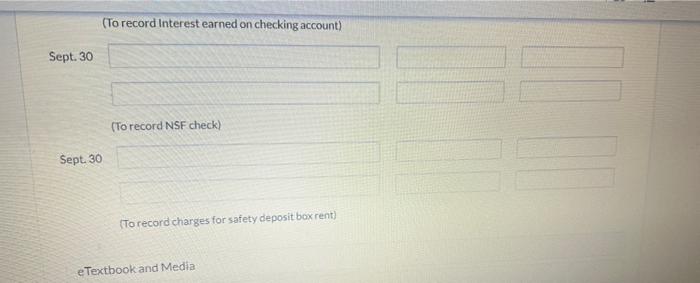 (To record Interest earned on checking account) Sept. 30 (To record NSF check) Sept. 30 (To record charges for safety deposit