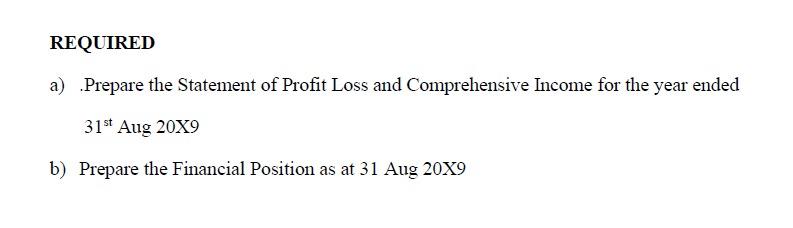 REQUIRED a) Prepare the Statement of Profit Loss and Comprehensive Income for the year ended 31st Aug 20X9 b) Prepare the Fin