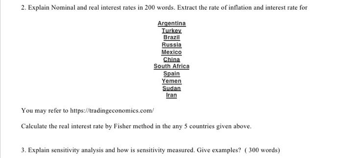 2. Explain Nominal and real interest rates in 200 words. Extract the rate of inflation and interest rate for Argentina Turkey