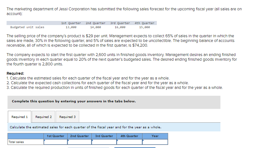 The marketing department of Jessi Corporation has submitted the following sales forecast for the upcoming fiscal year (all sa