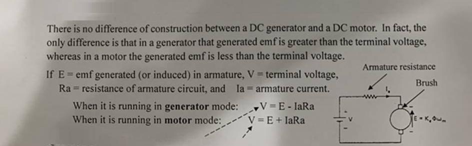 There is no difference of construction between a DC generator and a DC motor. In fact, the only difference is