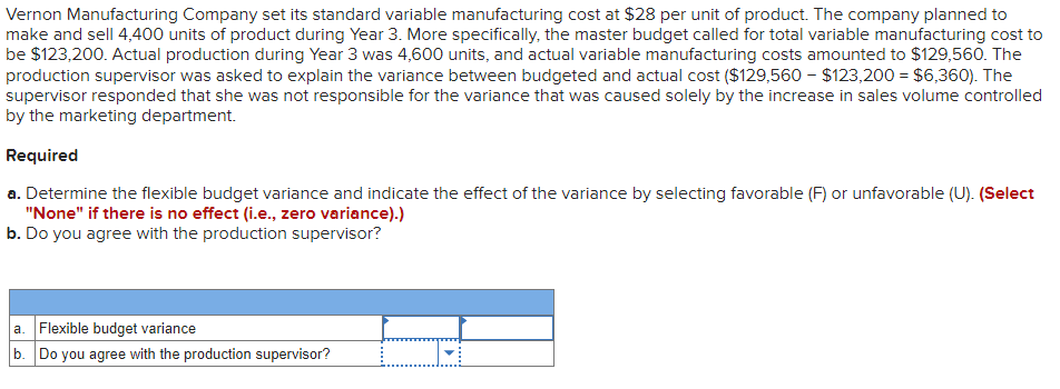 Vernon Manufacturing Company set its standard variable manufacturing cost at $28 per unit of product. The company planned to