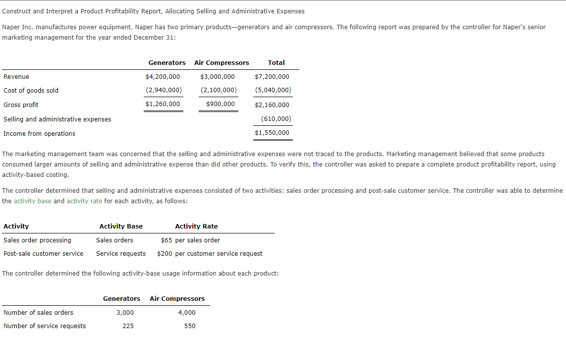 Construct and Interpret a Product Profitability Report, Allocating Selling and Administrative ExpenseswNaper Inc. manufactu