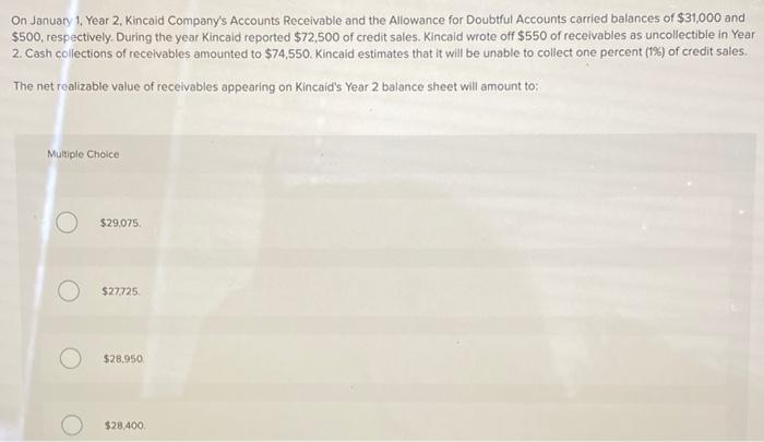 On January 1, Year 2, Kincaid Companys Accounts Receivable and the Allowance for Doubtful Accounts carried balances of $31,0