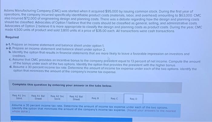 Adams Manufacturing Company (CMC) was started when it acquired $95,000 by issuing common stock. During the first year ofoper