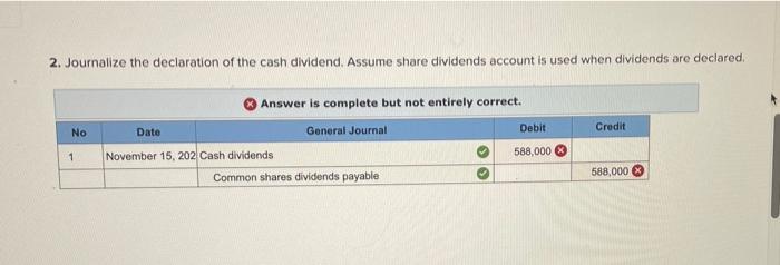 2. Journalize the declaration of the cash dividend. Assume share dividends account is used when dividends are declared. No Cr