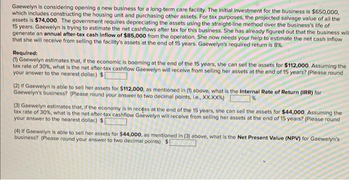 Gaewelyn is considering opening a new business for a long-term care facility. The initial Investment for the business is $650