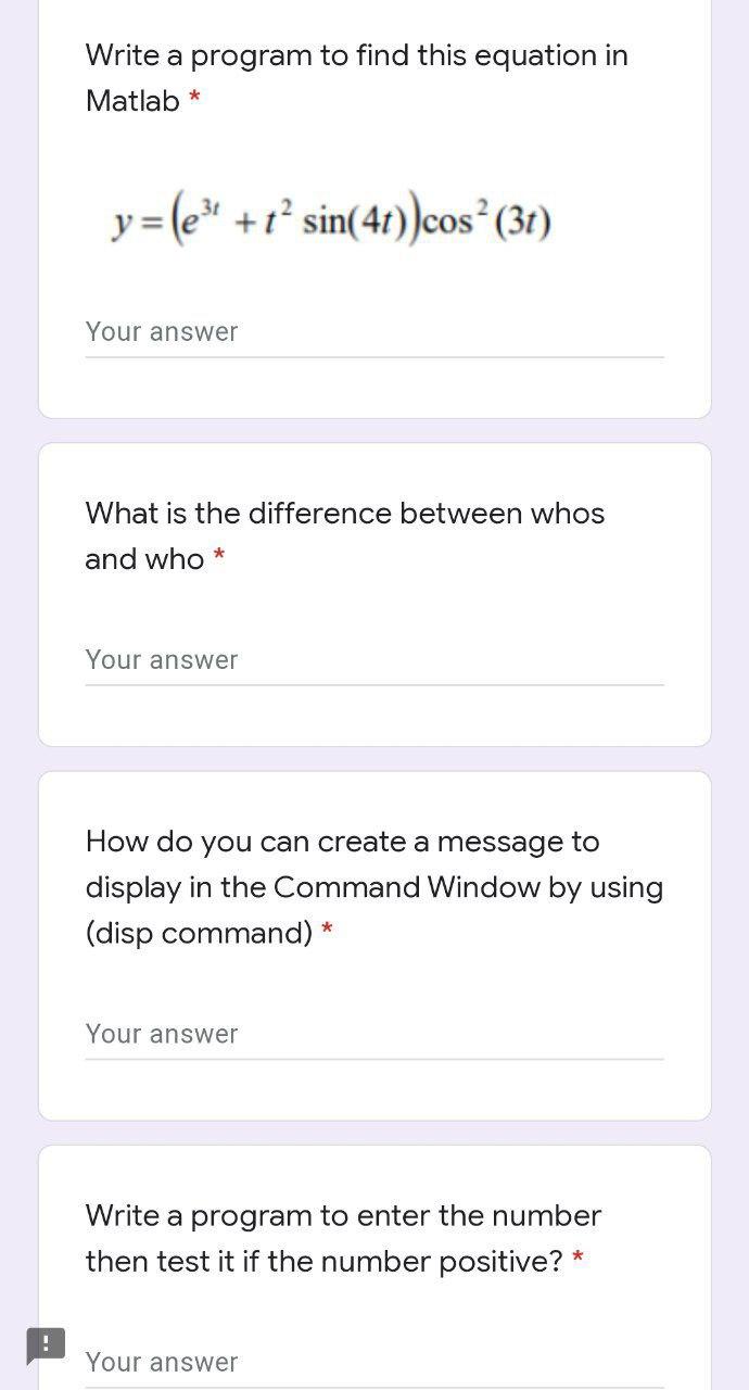 Write a program to find this equation in Matlab * (e" +r