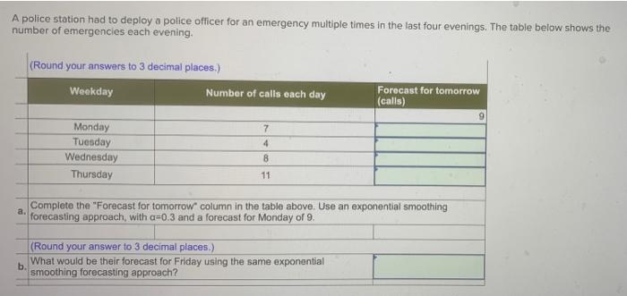 A police station had to deploy a police officer for an emergency multiple times in the last four evenings. The table below sh