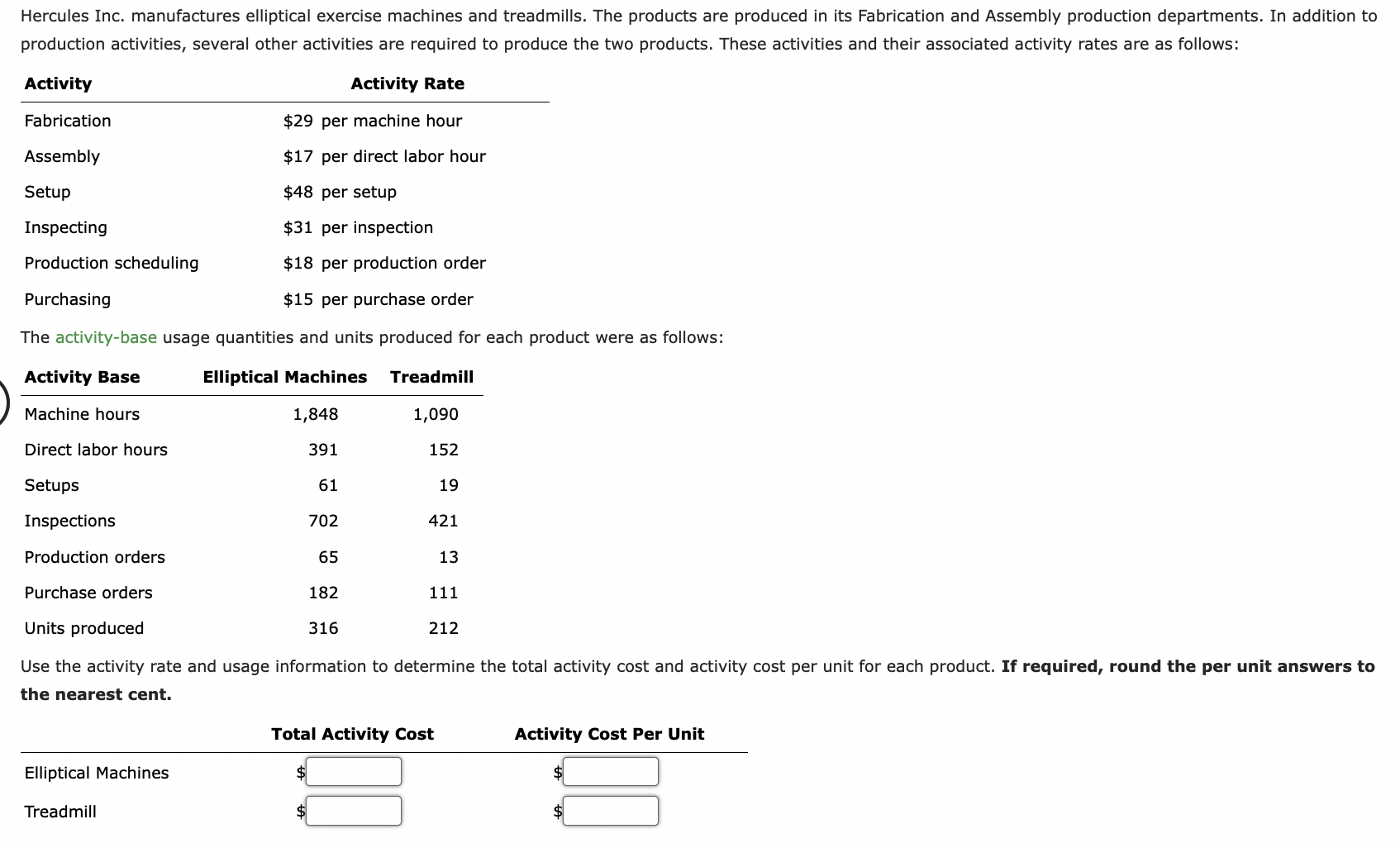 Hercules Inc. manufactures elliptical exercise machines and treadmills. The products are produced in its Fabrication and Asse