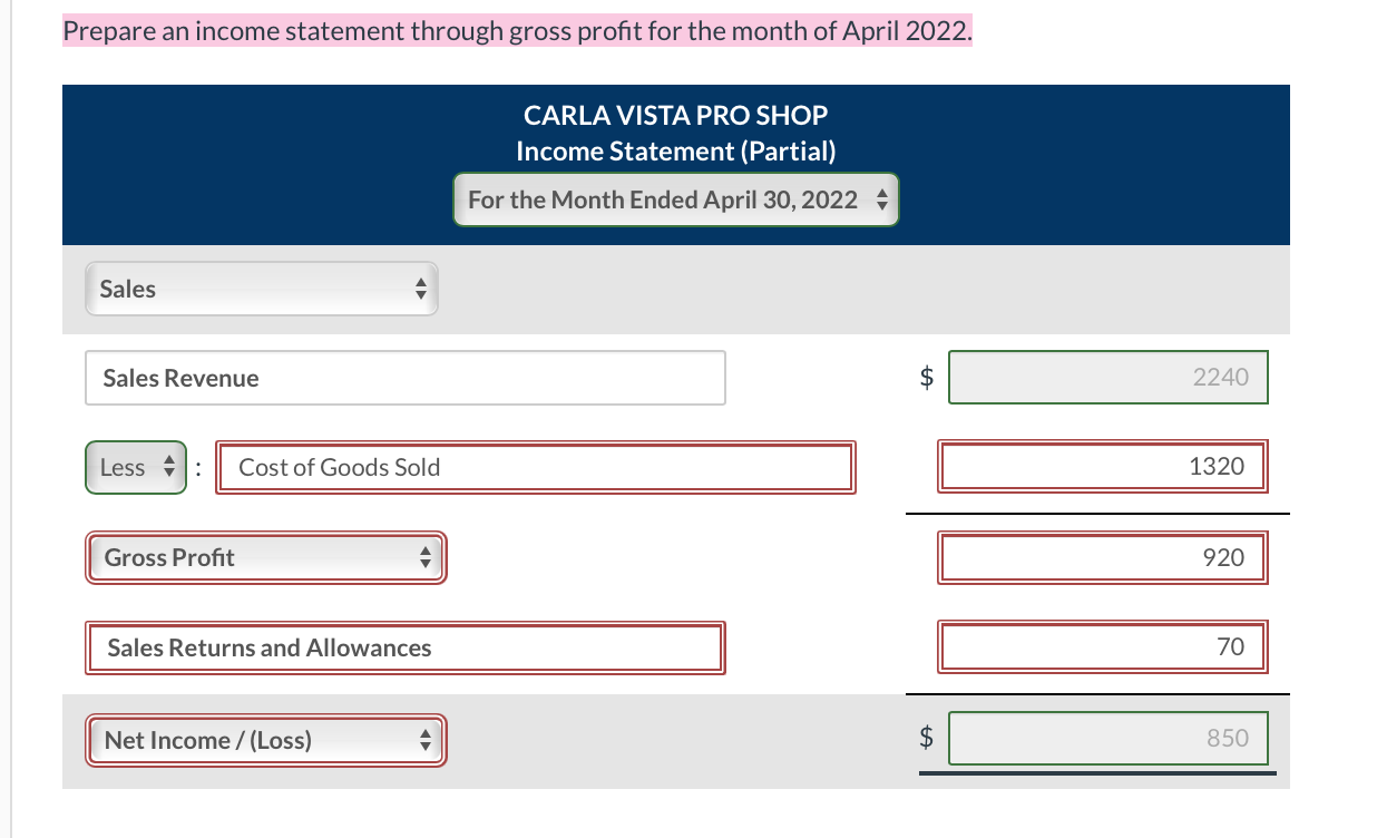 Prepare an income statement through gross profit for the month of April 2022.CARLA VISTA PRO SHOPIncome Statement (Partial)