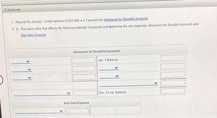 T-Accounts1 Record the January 1 credit balance of $25,685 in a T-account for Allowance for Doubtful Accounts2 B. Post each