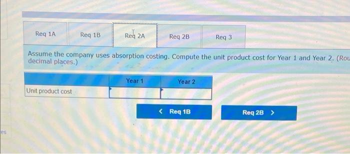 Req 1A Req 1B Reg 2A Req 2B Reg 3 Assume the company uses absorption costing. Compute the unit product cost for Year 1 and Ye