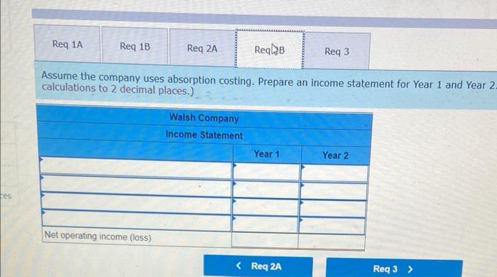 Reg 1A Req 1B Req 2A ReqRB Req 3 Assume the company uses absorption costing. Prepare an income statement for Year 1 and Year