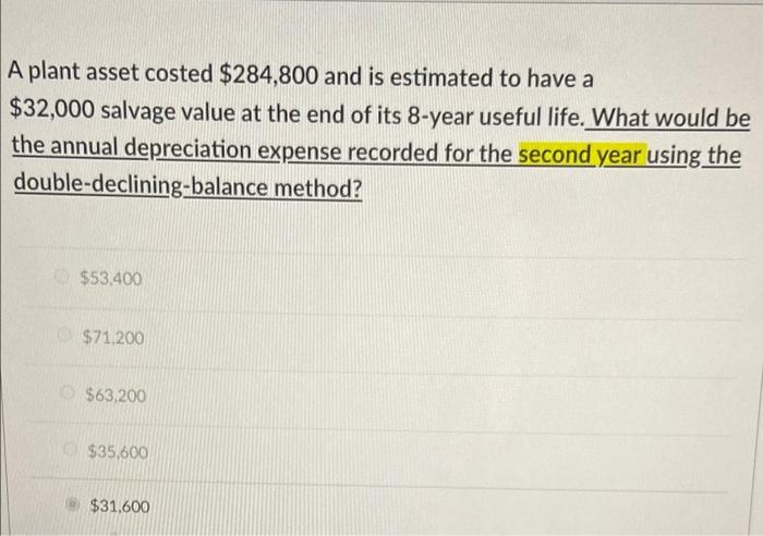 A plant asset costed $284,800 and is estimated to have a $32,000 salvage value at the end of its 8-year useful life. What wou