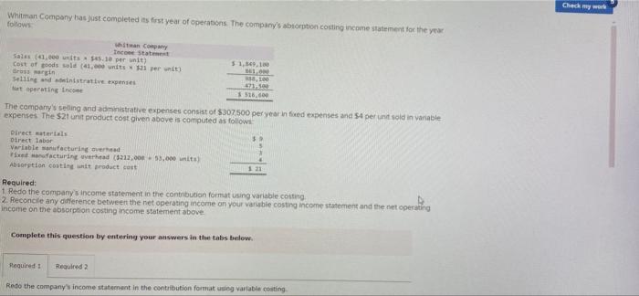 Checimy workWhitman Company has just completed its first year of operations. The companys absorption costing income stateme
