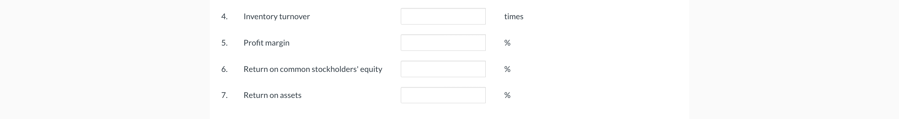 4. Inventory turnover times 5. Profit margin %6. Return on common stockholders equity %7. Return on assets %