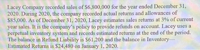Lacey Company recorded sales of $6,800,000 for the year ended December 31,2020. During 2020, the company recorded actual ret