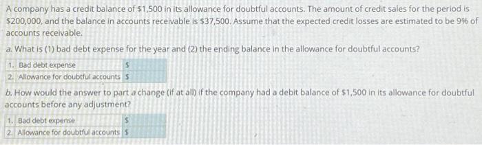 $A company has a credit balance of $1,500 in its allowance for doubtful accounts. The amount of credit sales for the period