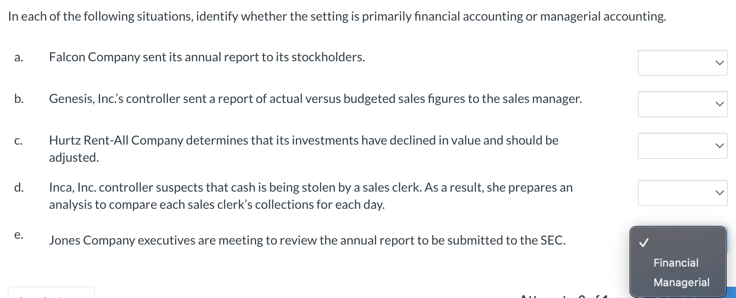 In each of the following situations, identify whether the setting is primarily financial accounting or managerial accounting.