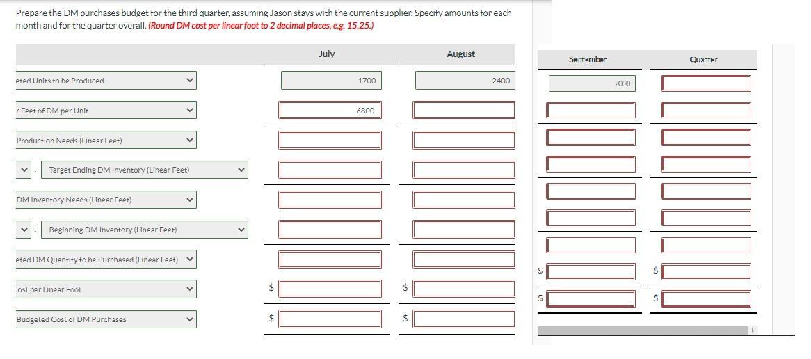 Prepare the DM purchases budget for the third quarter, assuming Jason stays with the current supplier. Specify amounts for ea