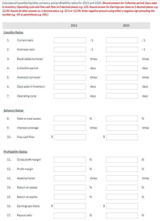 Calculate all possible liquidity, solvency, and profitability ratios for 2021 and 2020. (Round answers for Collection period,