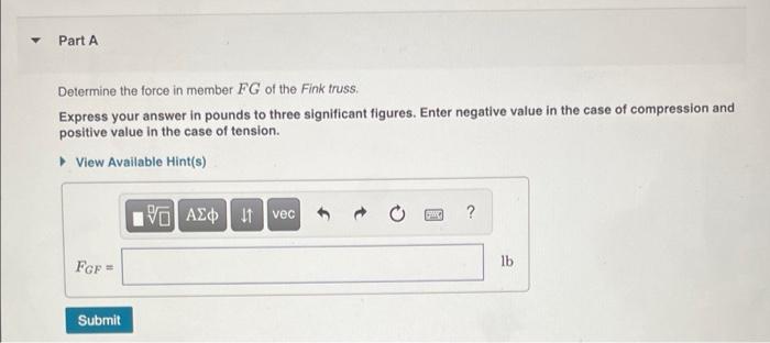 Part A Determine the force in member FG of the Fink truss. Express your answer in pounds to three significant