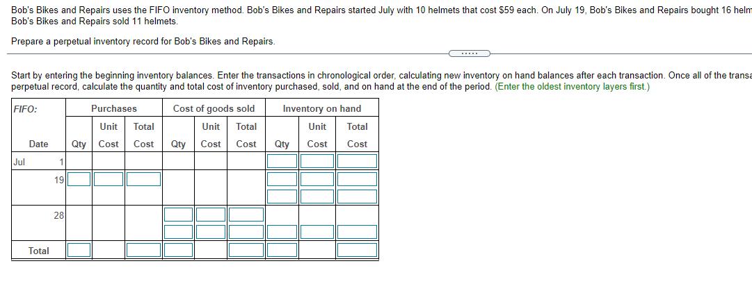 Bob's Bikes and Repairs uses the FIFO inventory method. Bob's Bikes and