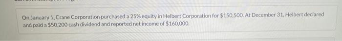 On January 1, Crane Corporation purchased a 25% equity in Helbert Corporation for $150,500. At December 31, Helbert declared