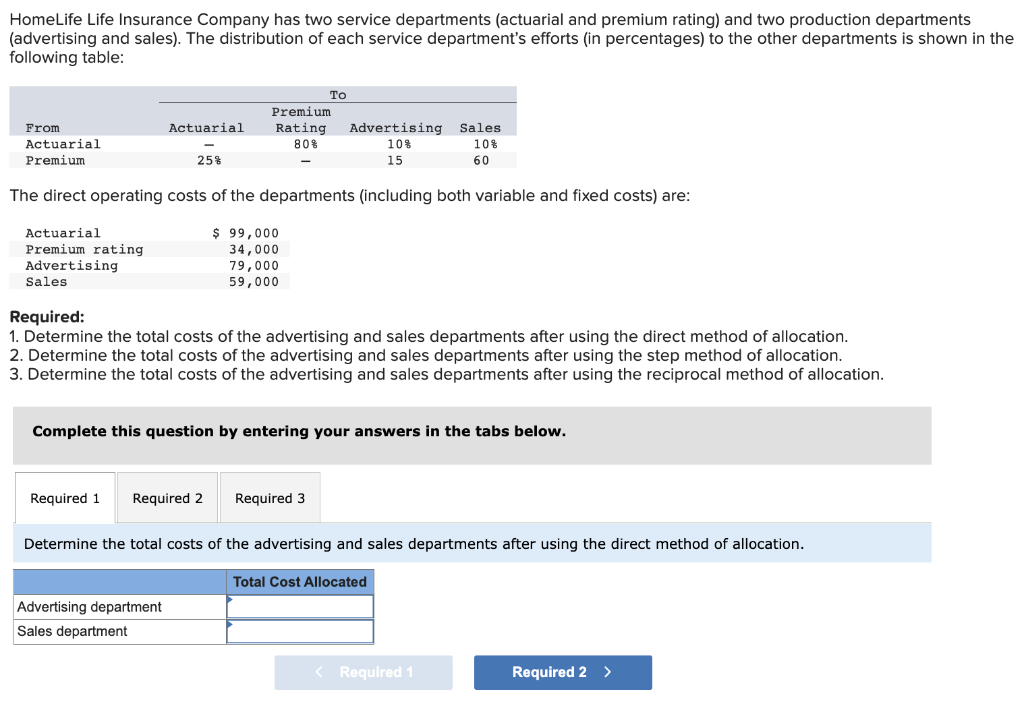 HomeLife Life Insurance Company has two service departments (actuarial and premium rating) and two production departments(ad