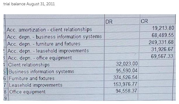 trial balance August 31, 2011 DR CR Acc. amortization - client relationships 19,213.80 Acc. depn. - business information syst