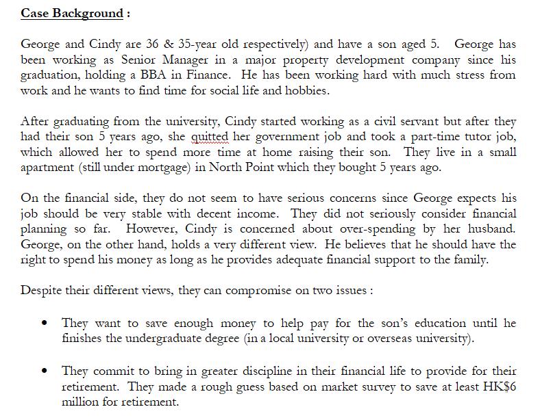 Case Background: George and Cindy are 36 & 35-year old respectively) and have a son aged 5. George has been working as Senior